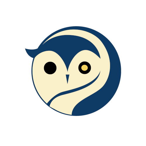 Logo du site Isaflot, un hibou bleu marin avec un oeil jaune. Sur le coté gauche du hibou il y a un chemin qui suit la forme de sa tête.